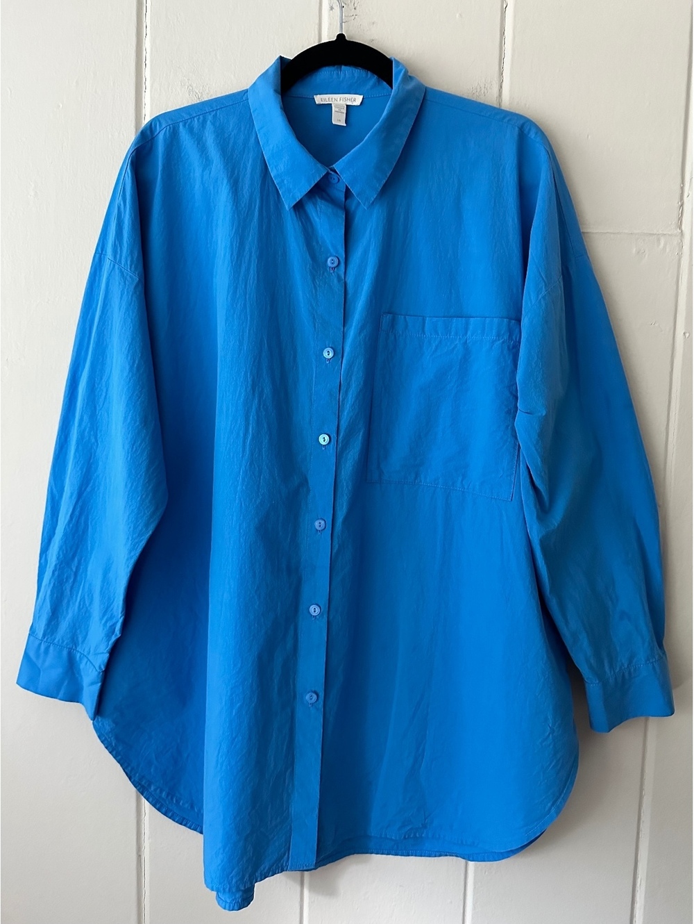 Eileen Fisher Blue 100% Organic Cotton Button Up Oversized Shirt Size Large